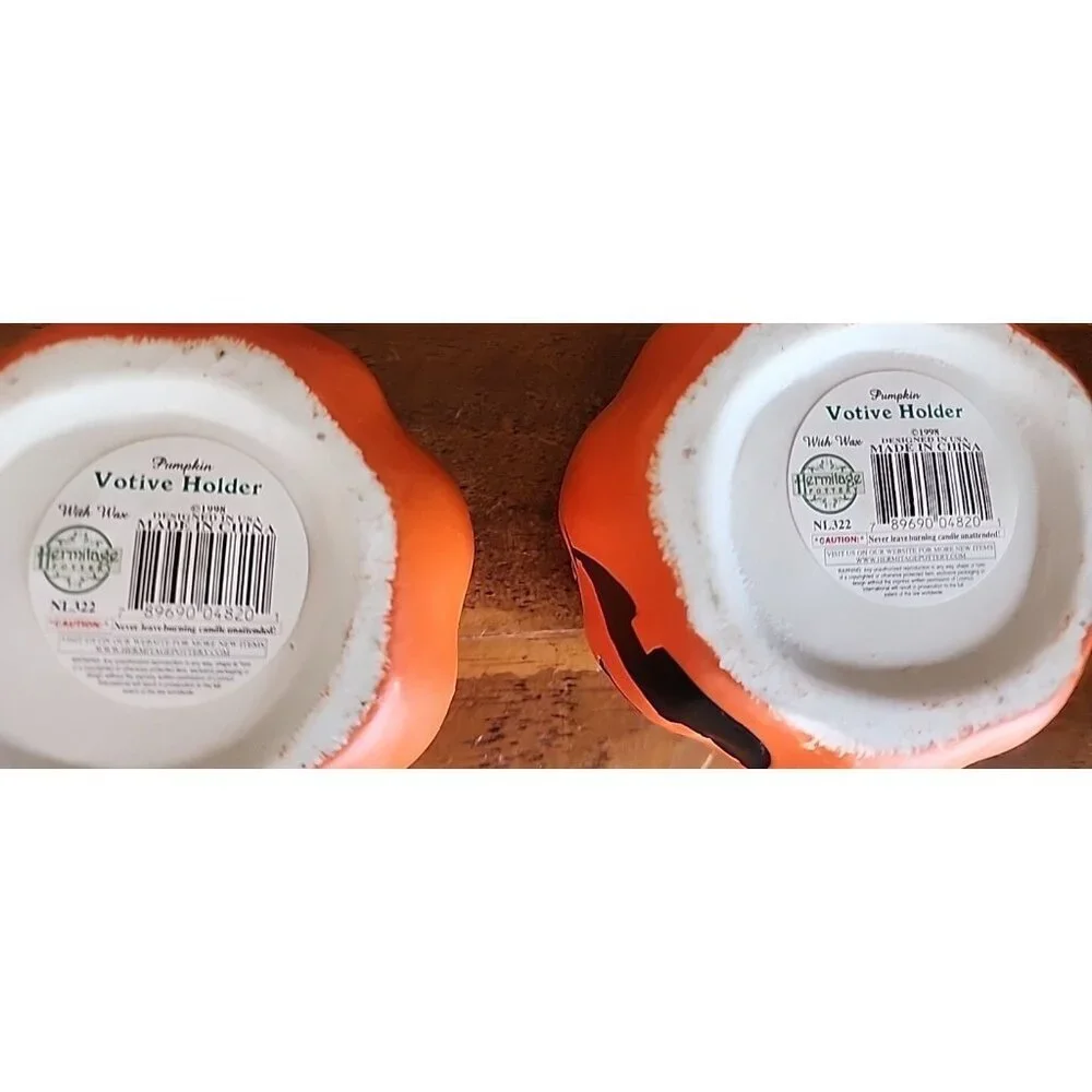 Hermitage Pottery Halloween Pumpkin / Jack O Lantern Votive Holder Set Of 2